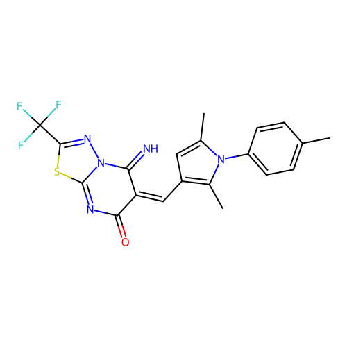 (E)-6-((2,5-dimethyl-1-(p-tolyl)-1H-pyrrol-3-yl)methylene)-5-imino-2-(trifluoromethyl)-5H-[1,3,4]thiadiazolo[3,2-a]pyrimidin-7(6H)-one structure
