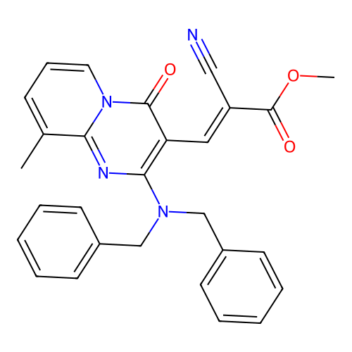 (E)-methyl 2-cyano-3-(2-(dibenzylamino)-9-methyl-4-oxo-4H-pyrido[1,2-a]pyrimidin-3-yl)acrylate structure