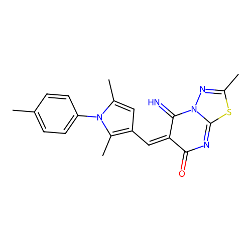 (E)-6-((2,5-dimethyl-1-(p-tolyl)-1H-pyrrol-3-yl)methylene)-5-imino-2-methyl-5H-[1,3,4]thiadiazolo[3,2-a]pyrimidin-7(6H)-one structure