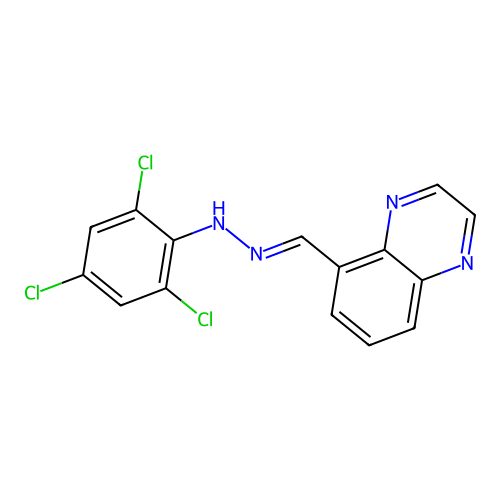 5-{(E)-[2-(2,4,6-trichlorophenyl)hydrazinylidene]methyl}quinoxaline structure