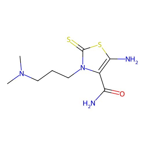 5-amino-3-(3-(dimethylamino)propyl)-2-thioxo-2,3-dihydrothiazole-4-carboxamide structure