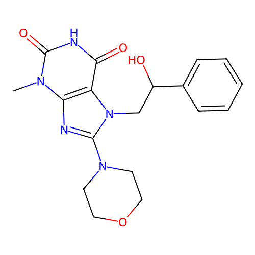 7-(2-hydroxy-2-phenylethyl)-3-methyl-8-morpholino-1H-purine-2,6(3H,7H)-dione structure