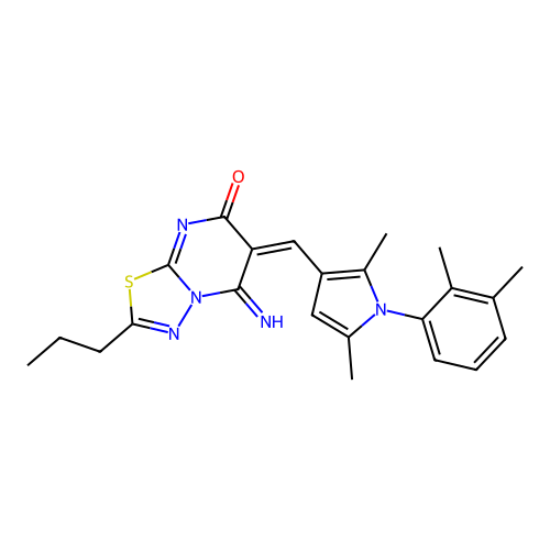 (6E)-6-[[1-(2,3-dimethylphenyl)-2,5-dimethylpyrrol-3-yl]methylidene]-5-imino-2-propyl-[1,3,4]thiadiazolo[3,2-a]pyrimidin-7-one structure