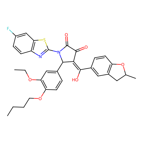 (4E)-5-(4-butoxy-3-ethoxyphenyl)-1-(6-fluoro-1,3-benzothiazol-2-yl)-4-[hydroxy(2-methyl-2,3-dihydro-1-benzofuran-5-yl)methylidene]pyrrolidine-2,3-dione structure
