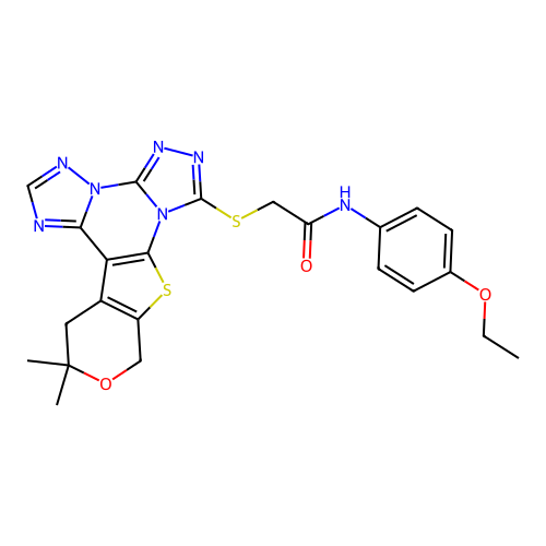 2-((12,12-dimethyl-12,13-dihydro-10H-pyrano[4',3':4,5]thieno[3,2-e]bis([1,2,4]triazolo)[4,3-a:1',5'-c]pyrimidin-7-yl)thio)-N-(4-ethoxyphenyl)acetamide structure