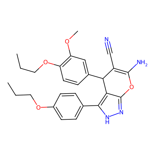 6-amino-4-(3-methoxy-4-propoxyphenyl)-3-(4-propoxyphenyl)-2,4-dihydropyrano[2,3-c]pyrazole-5-carbonitrile structure