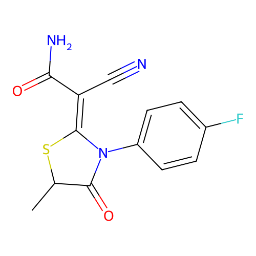(2Z)-2-cyano-2-[3-(4-fluorophenyl)-5-methyl-4-oxo-1,3-thiazolidin-2-ylidene]acetamide structure