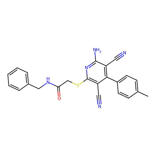 2-{[6-amino-3,5-dicyano-4-(4-methylphenyl)pyridin-2-yl]sulfanyl}-N-benzylacetamide structure