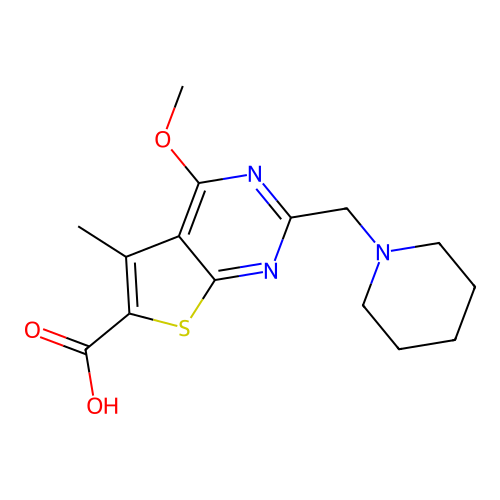 4-methoxy-5-methyl-2-(piperidin-1-ylmethyl)thieno[2,3-d]pyrimidine-6-carboxylic acid structure