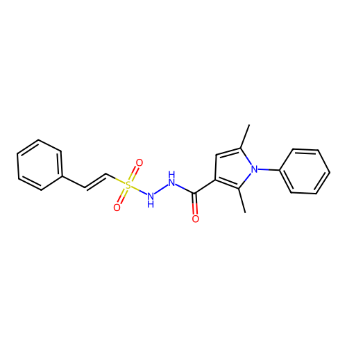 2,5-dimethyl-1-phenyl-N'-[(E)-2-phenylethenyl]sulfonylpyrrole-3-carbohydrazide structure