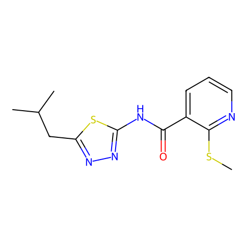 N-[5-(2-methylpropyl)-1,3,4-thiadiazol-2-yl]-2-(methylsulfanyl)pyridine-3-carboxamide structure