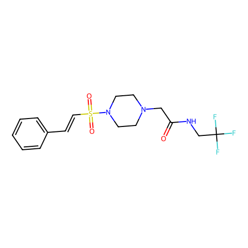 2-[4-[(E)-2-phenylethenyl]sulfonylpiperazin-1-yl]-N-(2,2,2-trifluoroethyl)acetamide structure
