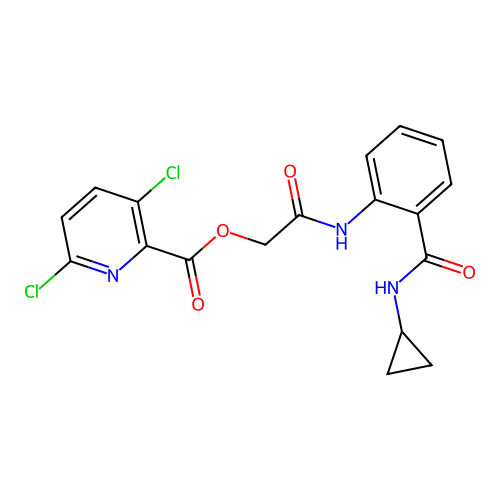 [2-[2-(cyclopropylcarbamoyl)anilino]-2-oxoethyl] 3,6-dichloropyridine-2-carboxylate structure