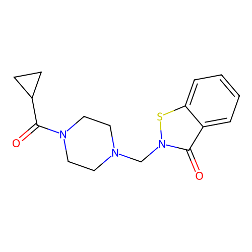 2-[[4-(Cyclopropanecarbonyl)piperazin-1-yl]methyl]-1,2-benzothiazol-3-one structure