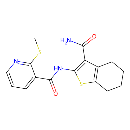 N-(3-carbamoyl-4,5,6,7-tetrahydro-1-benzothiophen-2-yl)-2-(methylsulfanyl)pyridine-3-carboxamide structure
