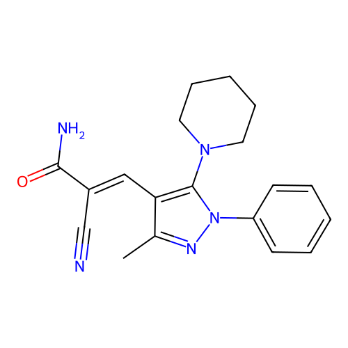 (E)-2-cyano-3-(3-methyl-1-phenyl-5-piperidin-1-ylpyrazol-4-yl)prop-2-enamide structure