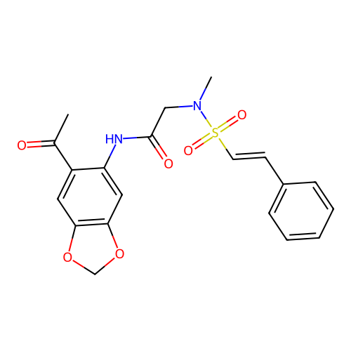 N-(6-acetyl-1,3-dioxaindan-5-yl)-2-(N-methyl-2-phenylethenesulfonamido)acetamide structure