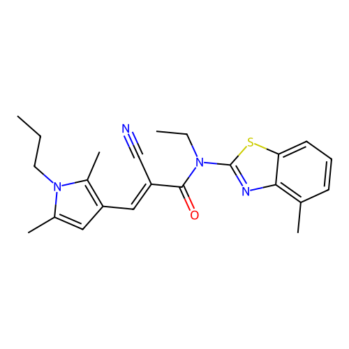 (E)-2-cyano-3-(2,5-dimethyl-1-propylpyrrol-3-yl)-N-ethyl-N-(4-methyl-1,3-benzothiazol-2-yl)prop-2-enamide structure