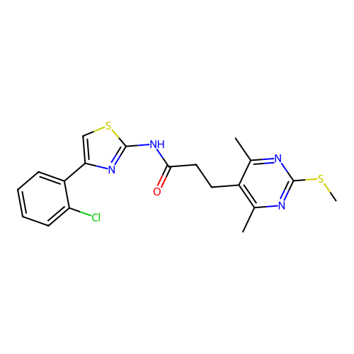 N-[4-(2-chlorophenyl)-1,3-thiazol-2-yl]-3-(4,6-dimethyl-2-methylsulfanylpyrimidin-5-yl)propanamide structure
