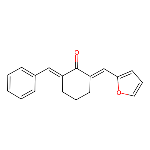 (2E)-2-benzylidene-6-(furan-2-ylmethylidene)cyclohexan-1-one structure