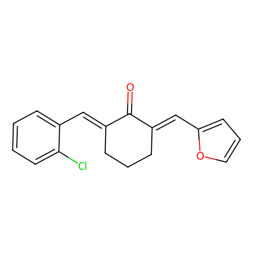 (2E,6E)-2-(2-chlorobenzylidene)-6-(furan-2-ylmethylidene)cyclohexanone structure