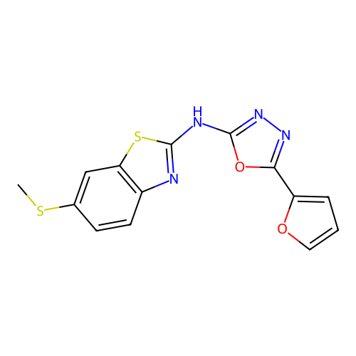 5-(furan-2-yl)-N-(6-(methylthio)benzo[d]thiazol-2-yl)-1,3,4-oxadiazol-2-amine structure
