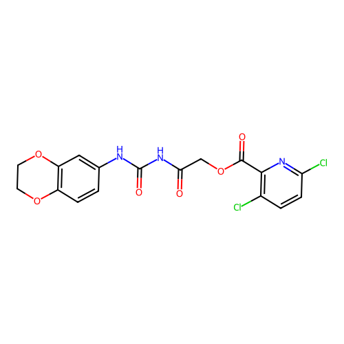 2-{[(2,3-dihydro-1,4-benzodioxin-6-yl)carbamoyl]amino}-2-oxoethyl 3,6-dichloropyridine-2-carboxylate structure