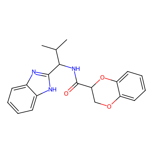 N-[1-(1H-benzimidazol-2-yl)-2-methylpropyl]-2,3-dihydro-1,4-benzodioxine-2-carboxamide structure