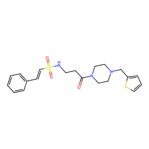 (E)-N-[3-oxo-3-[4-(thiophen-2-ylmethyl)piperazin-1-yl]propyl]-2-phenyl-ethenesulfonamide structure