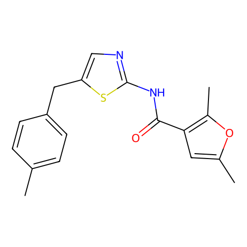 2,5-dimethyl-N-(5-(4-methylbenzyl)thiazol-2-yl)furan-3-carboxamide structure