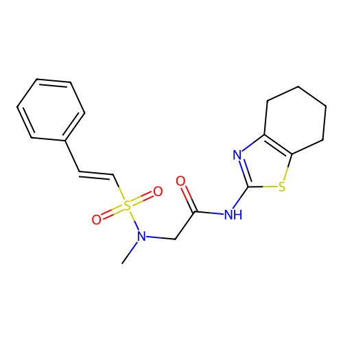 2-(N-methyl-2-phenylethenesulfonamido)-N-(4,5,6,7-tetrahydro-1,3-benzothiazol-2-yl)acetamide structure