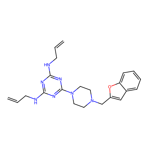 1-(4,6-Bis-allylamino-s-triazin-2-yl)-4-(benzofuran-2-ylmethyl)piperazine structure