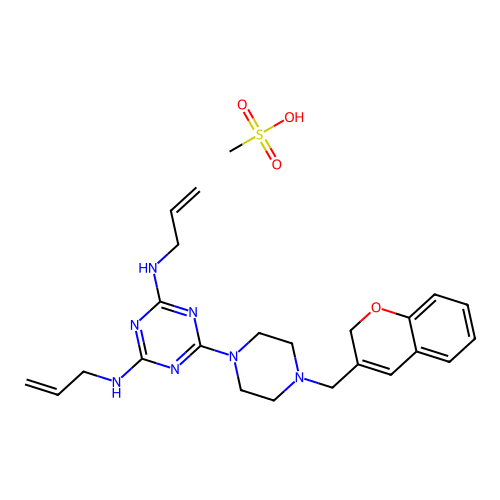 1,3,5-Triazine-2,4-diamine, 6-(4-(2H-1-benzopyran-3-ylmethyl)-1-piperazinyl)-N,N'-di-2-propenyl-, monomethanesulfonate structure