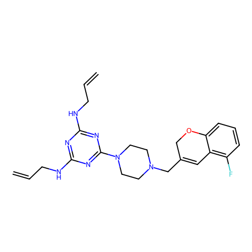 1,3,5-Triazine-2,4-diamine, 6-(4-((5-fluoro-2H-1-benzopyran-3-yl)methyl)-1-piperazinyl)-N,N'-di-2-propenyl- structure