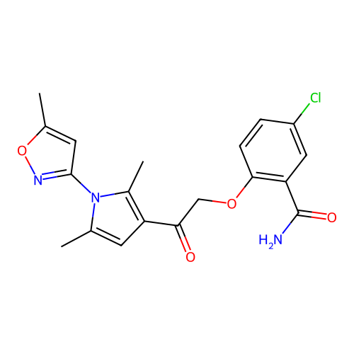 5-chloro-2-[2-[2,5-dimethyl-1-(5-methyl-1,2-oxazol-3-yl)pyrrol-3-yl]-2-oxoethoxy]benzamide structure