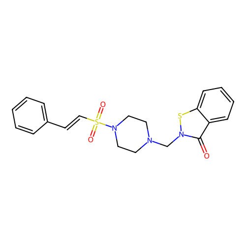 2-[[4-[(E)-2-phenylethenyl]sulfonylpiperazin-1-yl]methyl]-1,2-benzothiazol-3-one structure