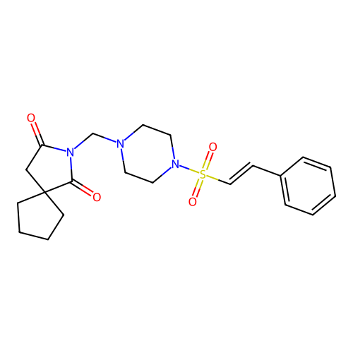 8-[[4-[(E)-2-phenylethenyl]sulfonylpiperazin-1-yl]methyl]-8-azaspiro[4.4]nonane-7,9-dione structure