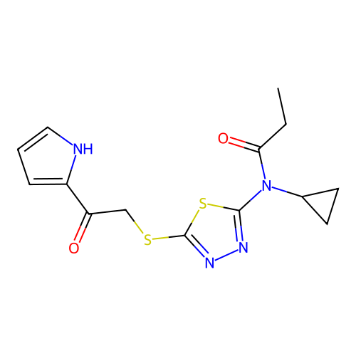 N-cyclopropyl-N-[5-[2-oxo-2-(1H-pyrrol-2-yl)ethyl]sulfanyl-1,3,4-thiadiazol-2-yl]propanamide structure