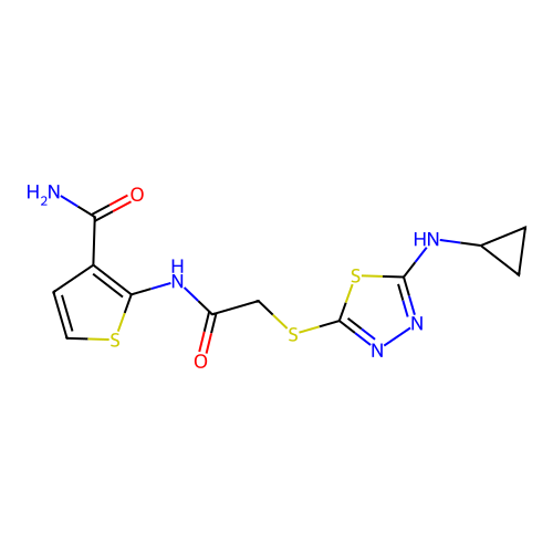 2-[[2-[[5-(cyclopropylamino)-1,3,4-thiadiazol-2-yl]sulfanyl]acetyl]amino]thiophene-3-carboxamide structure