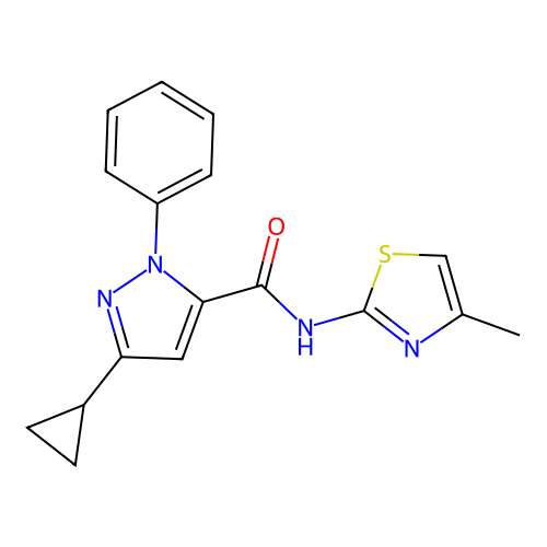 3-cyclopropyl-N-(4-methyl-1,3-thiazol-2-yl)-1-phenyl-1H-pyrazole-5-carboxamide structure