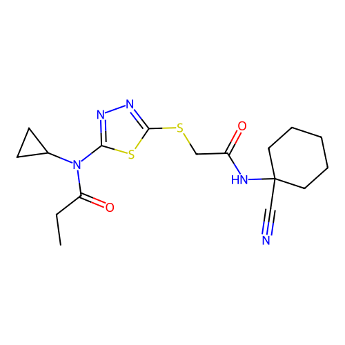 N-[5-({[(1-cyanocyclohexyl)carbamoyl]methyl}sulfanyl)-1,3,4-thiadiazol-2-yl]-N-cyclopropylpropanamide structure