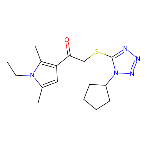 2-(1-cyclopentyltetrazol-5-yl)sulfanyl-1-(1-ethyl-2,5-dimethylpyrrol-3-yl)ethanone structure