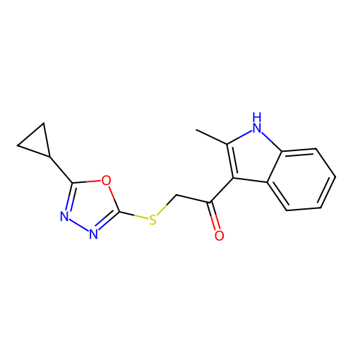 2-[(5-cyclopropyl-1,3,4-oxadiazol-2-yl)sulfanyl]-1-(2-methyl-1H-indol-3-yl)ethanone structure