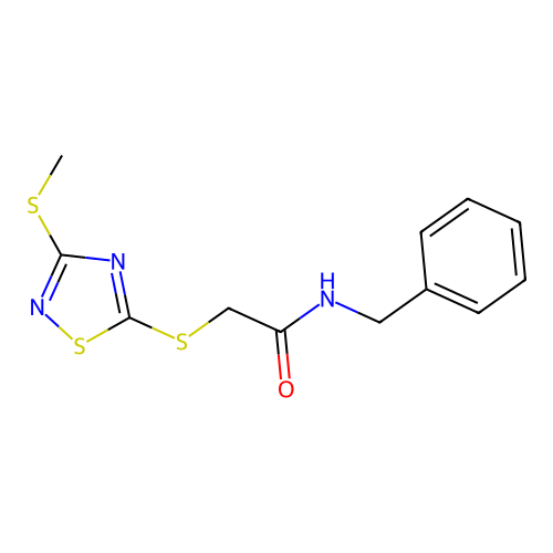 N-benzyl-2-[(3-methylsulfanyl-1,2,4-thiadiazol-5-yl)sulfanyl]acetamide structure