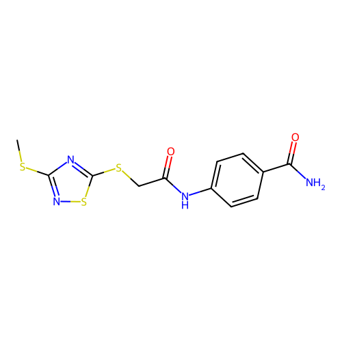4-[2-(3-Methylsulfanyl-[1,2,4]thiadiazol-5-ylsulfanyl)-acetylamino]-benzamide structure