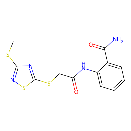 2-[({[3-(Methylsulfanyl)-1,2,4-thiadiazol-5-yl]sulfanyl}acetyl)amino]benzamide structure