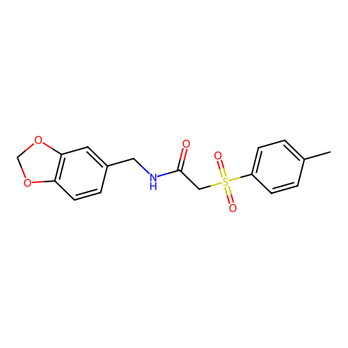 N-(1,3-benzodioxol-5-ylmethyl)-2-(4-methylphenyl)sulfonylacetamide structure