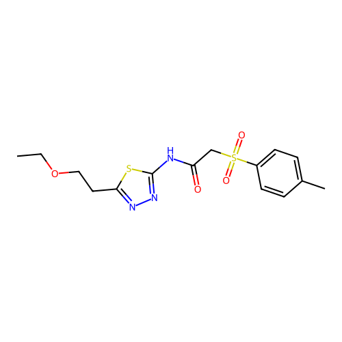 N-[5-(2-ethoxyethyl)-1,3,4-thiadiazol-2-yl]-2-(4-methylphenyl)sulfonylacetamide structure