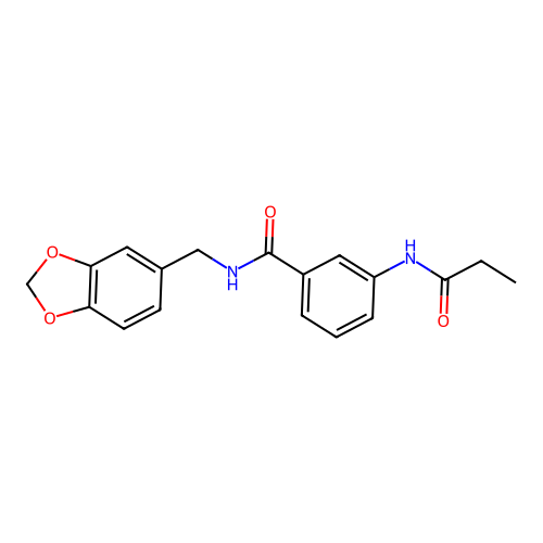 N-(1,3-benzodioxol-5-ylmethyl)-3-(propanoylamino)benzamide structure