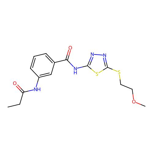 N-[5-(2-methoxyethylsulfanyl)-1,3,4-thiadiazol-2-yl]-3-(propanoylamino)benzamide structure